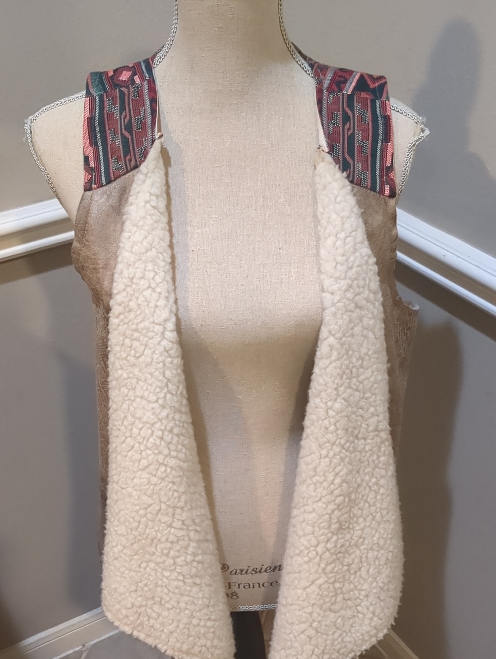 Flying Tomato Lined Faux Suede Vest with Patterned Trim - Cream/Tan